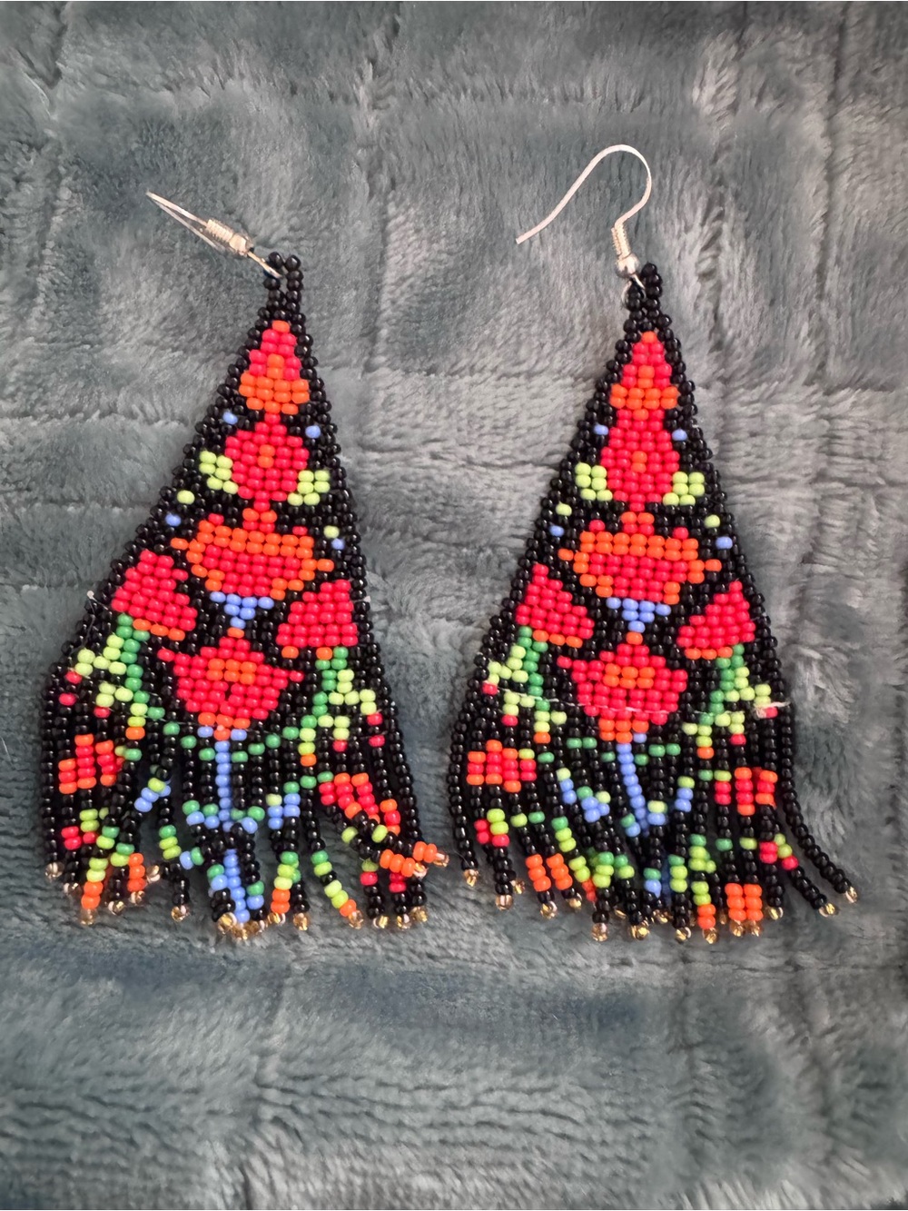 Handmade Seed Bead Floral Fringe Earrings - Black with Red, Green, Orange